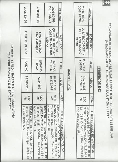 Cronograma De Diligencia De La Fiscalia Mes De Febrero Y Marzo De