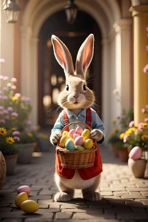 A Picture Of A Large Easter Bunny Carrying A Basket Filled With Eggs