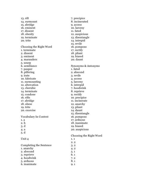 Sadlier Vocabulary Level D Unit 3 Answers 45 Pages Answer 16mb