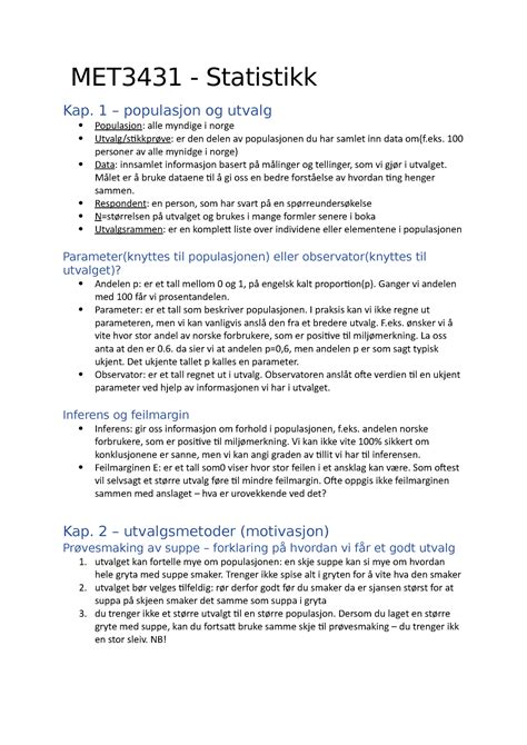 Eksamensnotater Met Statistikk Kap Populasjon Og Utvalg