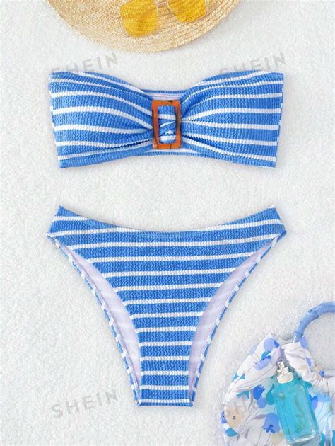 SHEIN Swim Summer Beach Striped Buckle Detail Bandeau Bikini Set