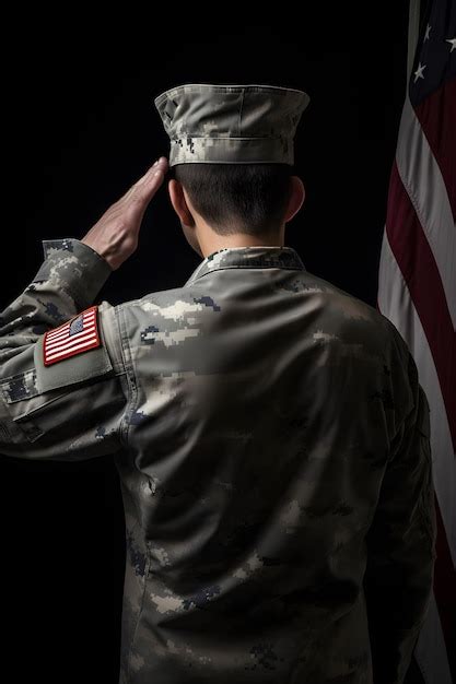 Un Soldado Saludando Frente A Una Bandera Foto Premium