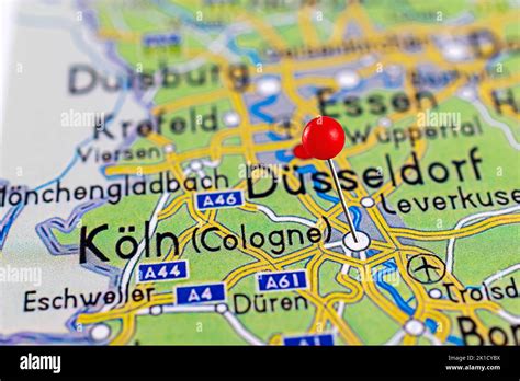 Köln map. Close up of Cologne map with red pin. Map with red pin point ...