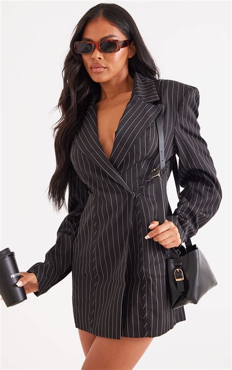 Black Pinstripe Fitted Waist Blazer Dress | PrettyLittleThing CA