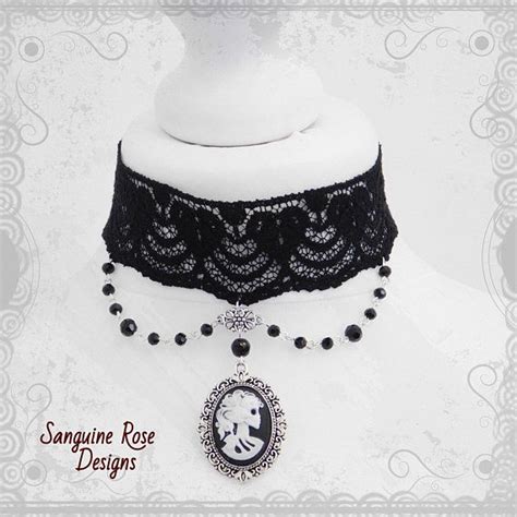 Skull Cameo Bride Day Of Dead Black Lace Choker Necklace Gothic Beaded