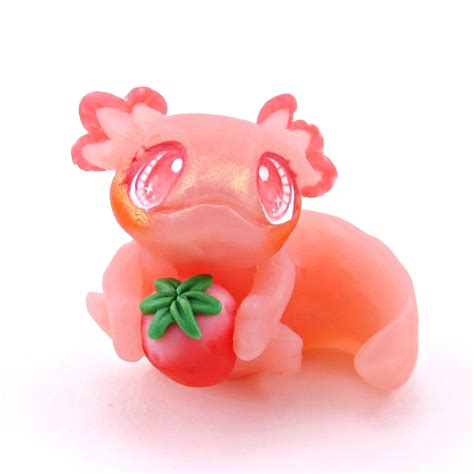 Strawberry Axolotl Figurine - Polymer Clay Animals Cottagecore Fruit C