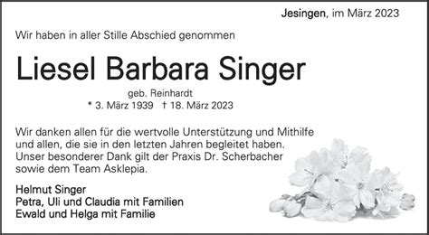 Trauer Liesel Barbara Singer 06 04 2023 Teckbote Trauerportal