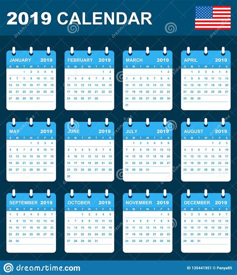 USA Calendar For 2019 Scheduler Agenda Or Diary Template Stock Vector