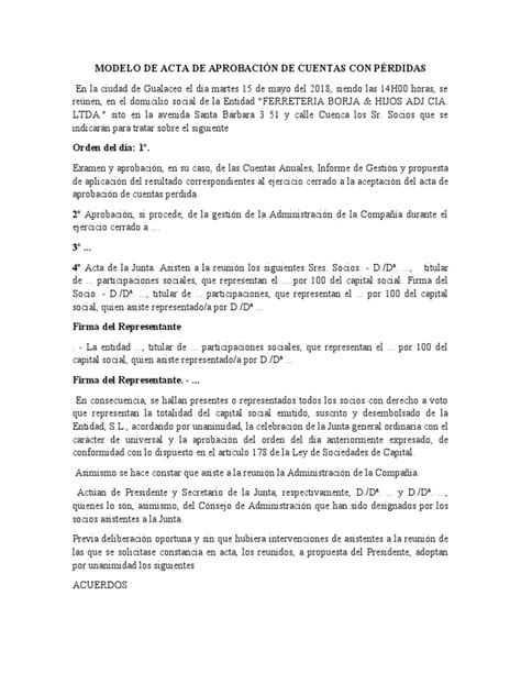 Modelo De Acta De Aprobación De Cuentas Con Pérdidas Pdf Gobierno