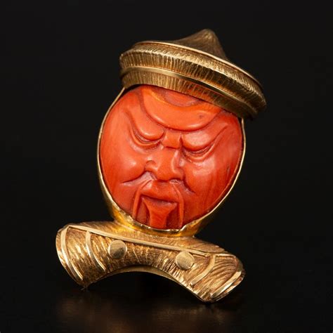 At Auction Antique K Gold And Carved Coral Samurai Brooch