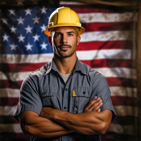 Um homem usando um capacete amarelo está em frente a uma bandeira