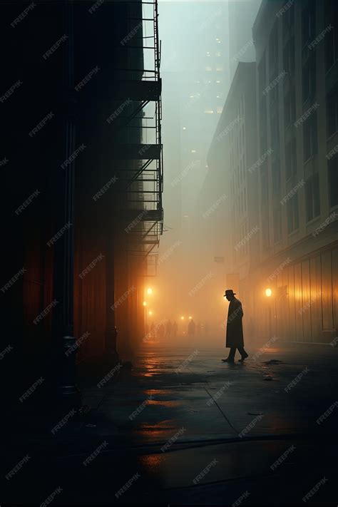 Premium Photo A Man Walks Down A Street In The Fog