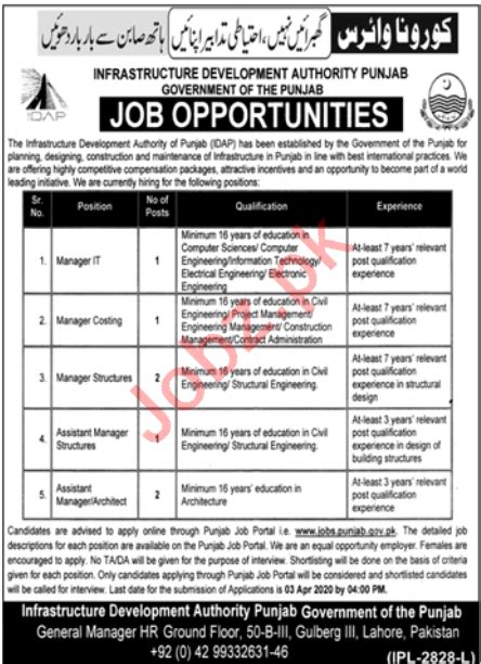 Infrastructure Development Authority Punjab IDAP Jobs 2020 2024 Job