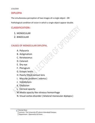 Diplopia , its types and causes | PDF