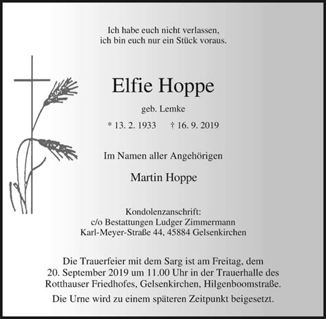 Traueranzeigen Von Elfie Hoppe Trauer In NRW De