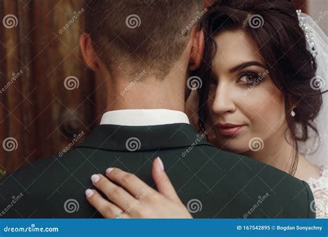 Gorgeous Happy Bride And Groom Hugging Sensual Tender Emotional Moment