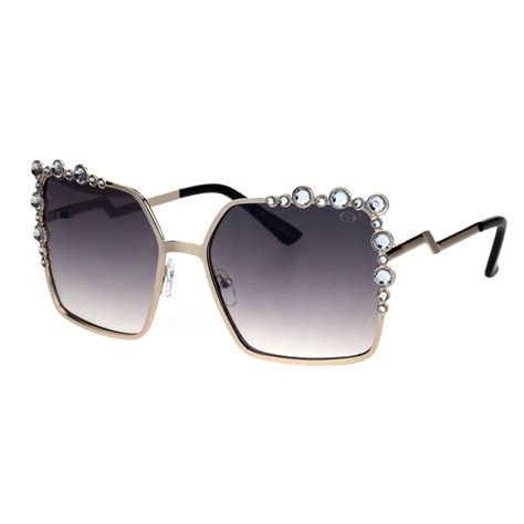 Womens Rhinestone Iced Out Rectangular Butterfly Metal Rim Sunglasses Gold Smoke