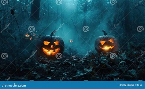 Spooky Halloween Forest With Jack O Lanterns Under Moonlight Stock