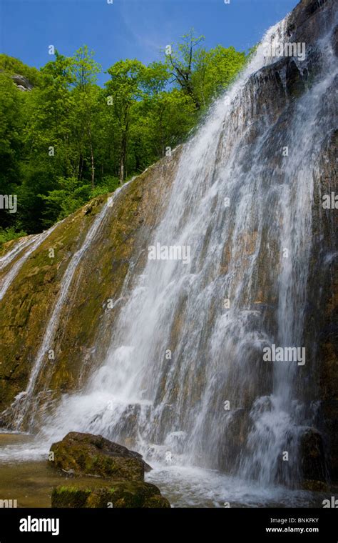 Cascade Du Hérisson France Jura Waterfall River Flow Cliff Wall Wood