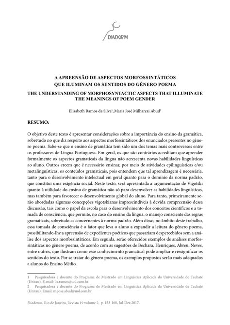 Pdf A Apreensão De Aspectos Morfossintáticos Que Iluminam Os Sentidos