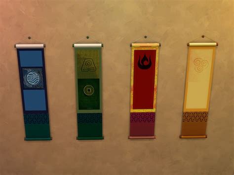 Four Different Colored Banners Hanging On A Wall