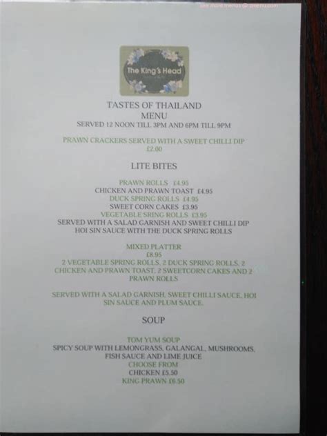 Menu At The Kings Head Pub And Bar Tenbury Wells