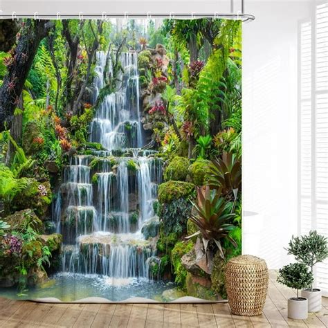 Scenic Waterfall Shower Curtain Nature Green Forest Tree Water Lake