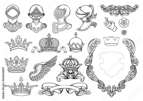 Set Of Crowns Knight Helmet Shield Coat Of Arms Ribbon Heraldry For Traditional Design Of