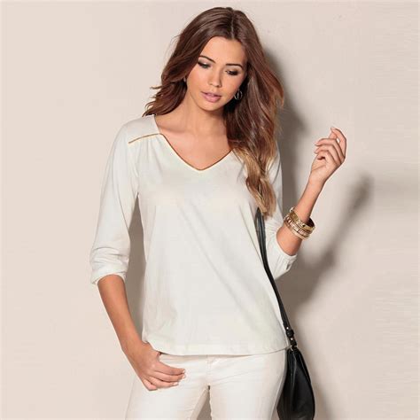 Tee Shirt Col V Manches Femme Blanc Suisses