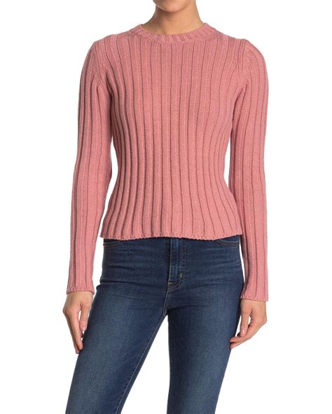 Vince Cotton Ribbed Long Sleeve Crew Neck Top In Pink Lyst