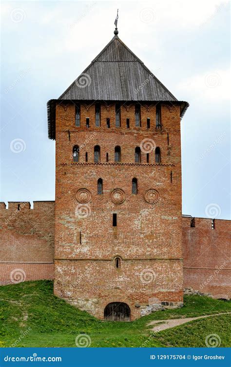 Red Brick Towers And Walls Of The Kremlin Fortress In Veliky Nov Stock