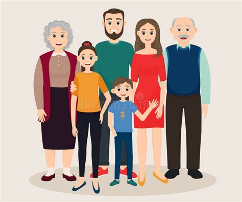 Familia Feliz Mamá Papá Hija Hijo Abuela Abuelo Ilustración del