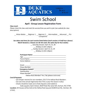 Fillable Online Swim School April Group Lesson Registration Form Class