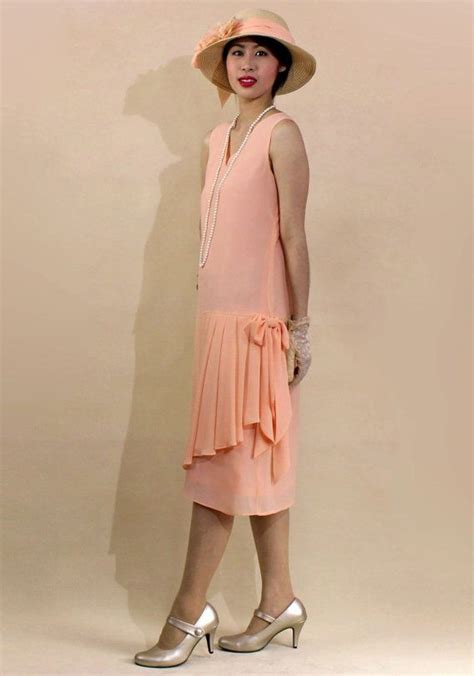 Sweet Peach Great Gatsby Dress With Drape And Bow Roaring 20s Fashion