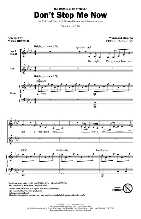 Dont Stop Me Now Arr Mark Brymer By Queen Sheet Music For Ssa Choir At Sheet Music Direct