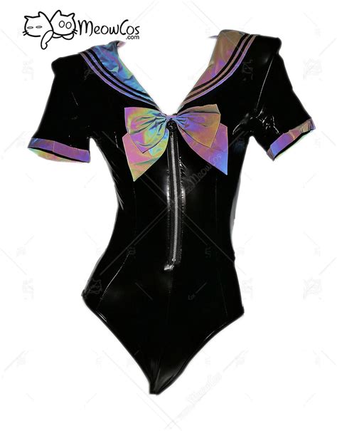 Meowcos Women Sexy Black Reflective Laser Leather Sailor Costume Set