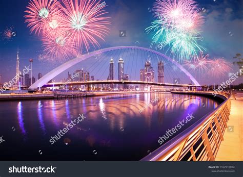 Fireworks Display Over Dubai Downtown Skyscrapers Stock Photo ...