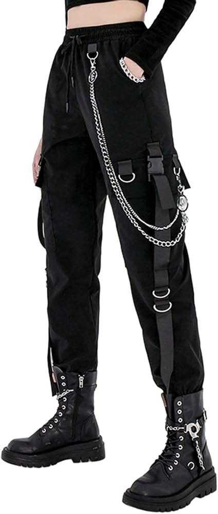 Harajuku Black Cargo Pants Women Chain Wide Leg Hip Hop Streetwear