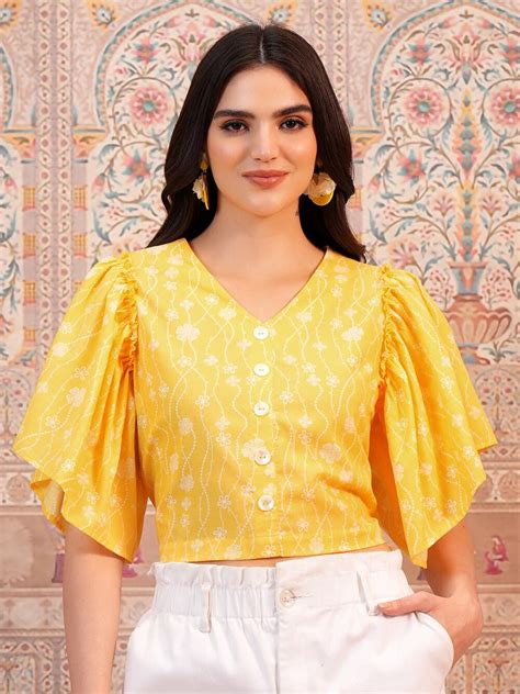 Buy Vishudh Yellow Floral Printed V Neck Flared Sleeve Crop Top Tops For Women 28646206 Myntra