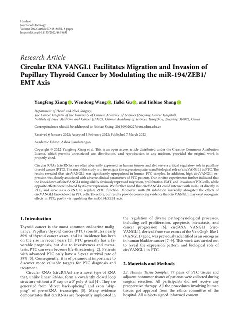 PDF Circular RNA VANGL1 Facilitates Migration And Invasion Of