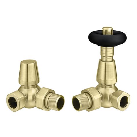 Chatsworth Brushed Brass And Black Thermostatic Corner Radiator Valves Energy Saving