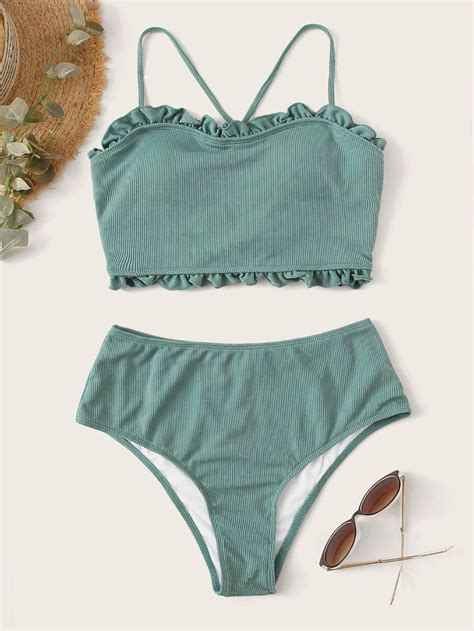 Rib Frill Trim High Waisted Bikini Swimsuit Shein Usa In High