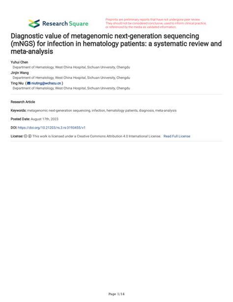 Pdf Diagnostic Value Of Metagenomic Next Generation Sequencing Mngs