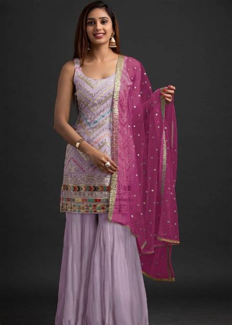 Heavy Faux Georgette With Embroidery Sequence Work Sharara Suit Purple