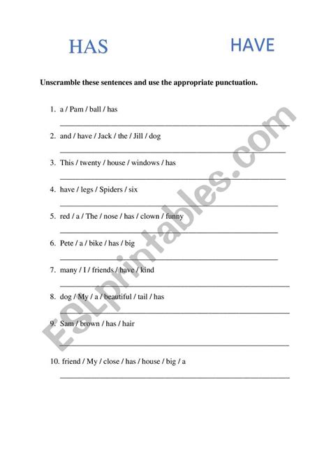 Unscramble Sentences Has And Have Esl Worksheet By Alisaoui