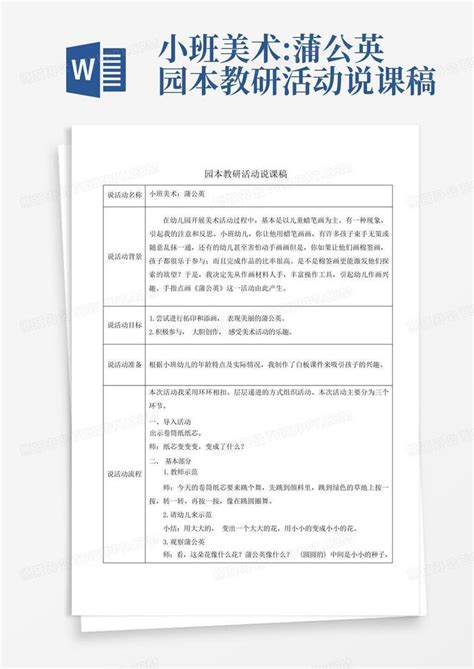 小班美术蒲公英 园本教研活动说课稿 Word模板下载编号lnogznzw熊猫办公