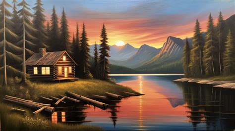 Serene Sunset Scene Old Cabin by the Lake in Heavy Woods | MUSE AI