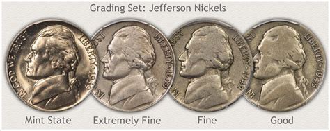 Jefferson Nickels Showing Progression Of Grades Mint State Extremely