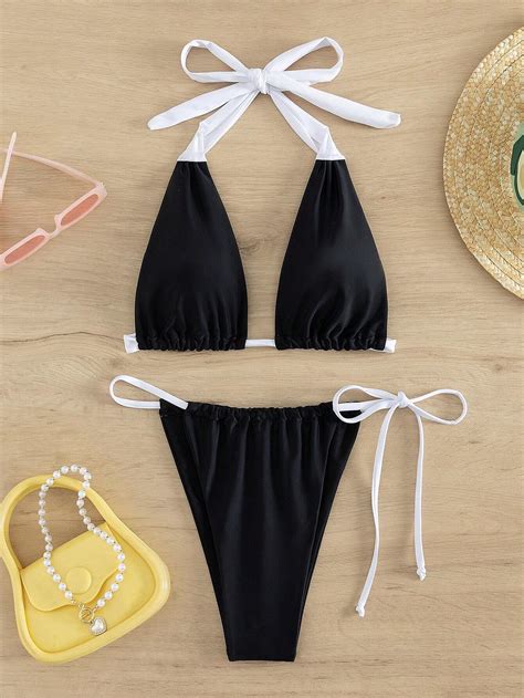 Bikini Sexy A Contrasto Bianco E Nero Con Cinghia Halter Due Pezzi