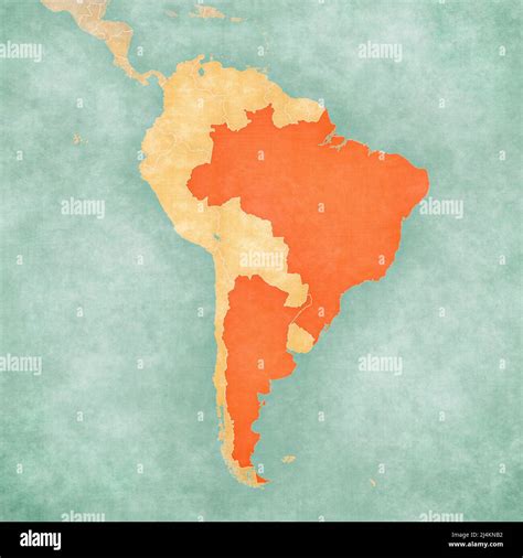 Brazil and Argentina on the map of South America in soft grunge and vintage style, like old ...